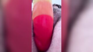 Bea York Stretches Hairy Pussy With Rainbow Dildo POV