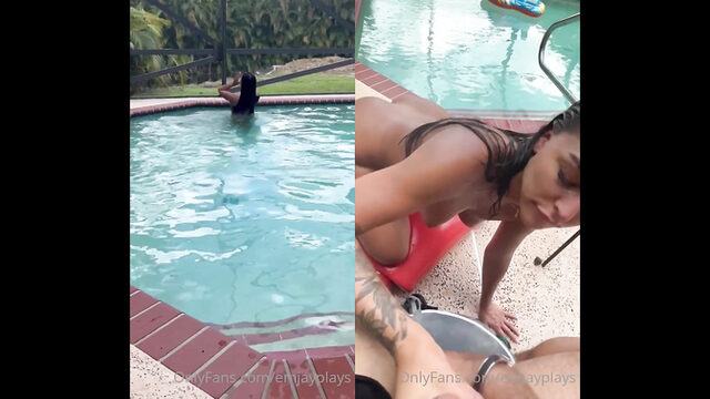 Emjayplays Rides A Cock By The Pool