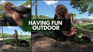 Elsa Mia Rubs Her Nude Pierced Pussy Outdoors