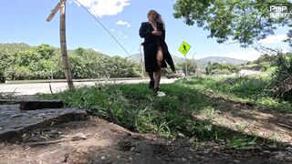 Elsa Mia Rubs Her Nude Pierced Pussy Outdoors