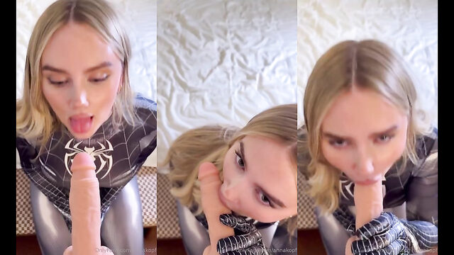 Anna Kopf Sucks Blonde Dildo as Spider Woman